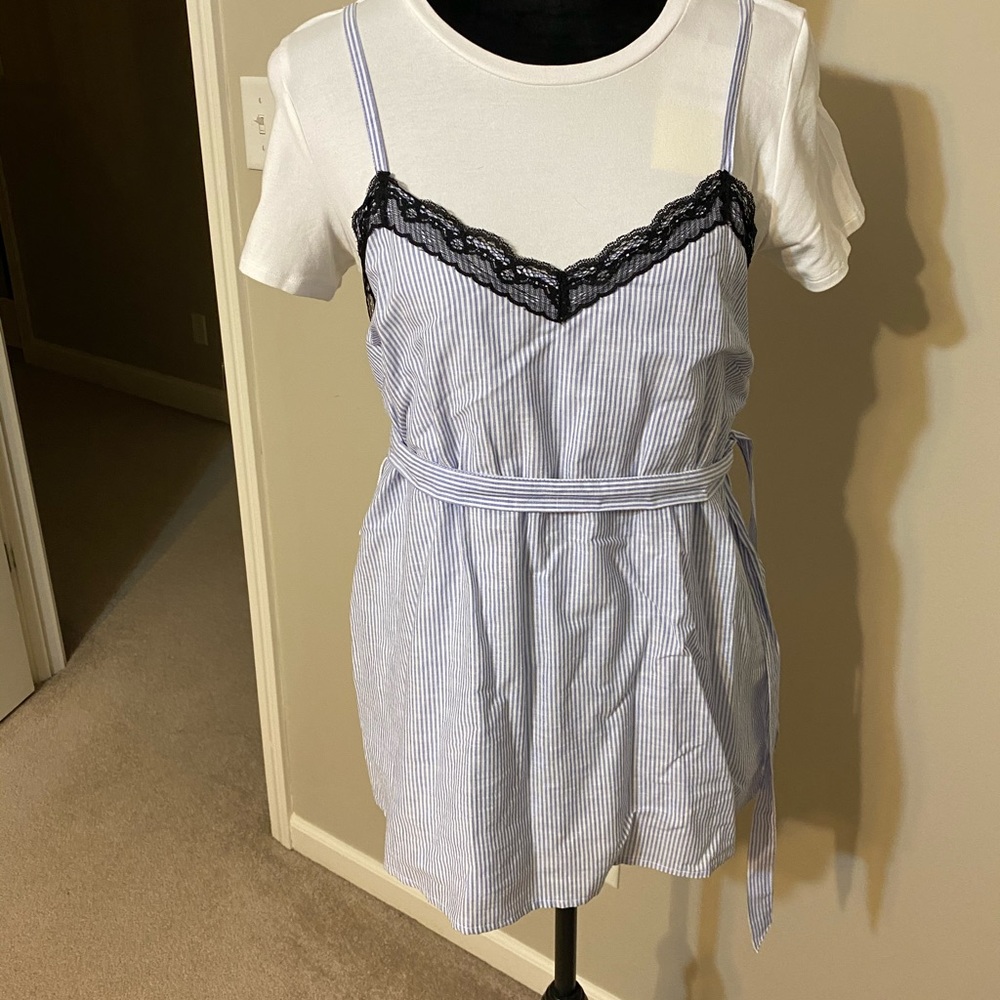 Blue/white striped black lace detail maternity top